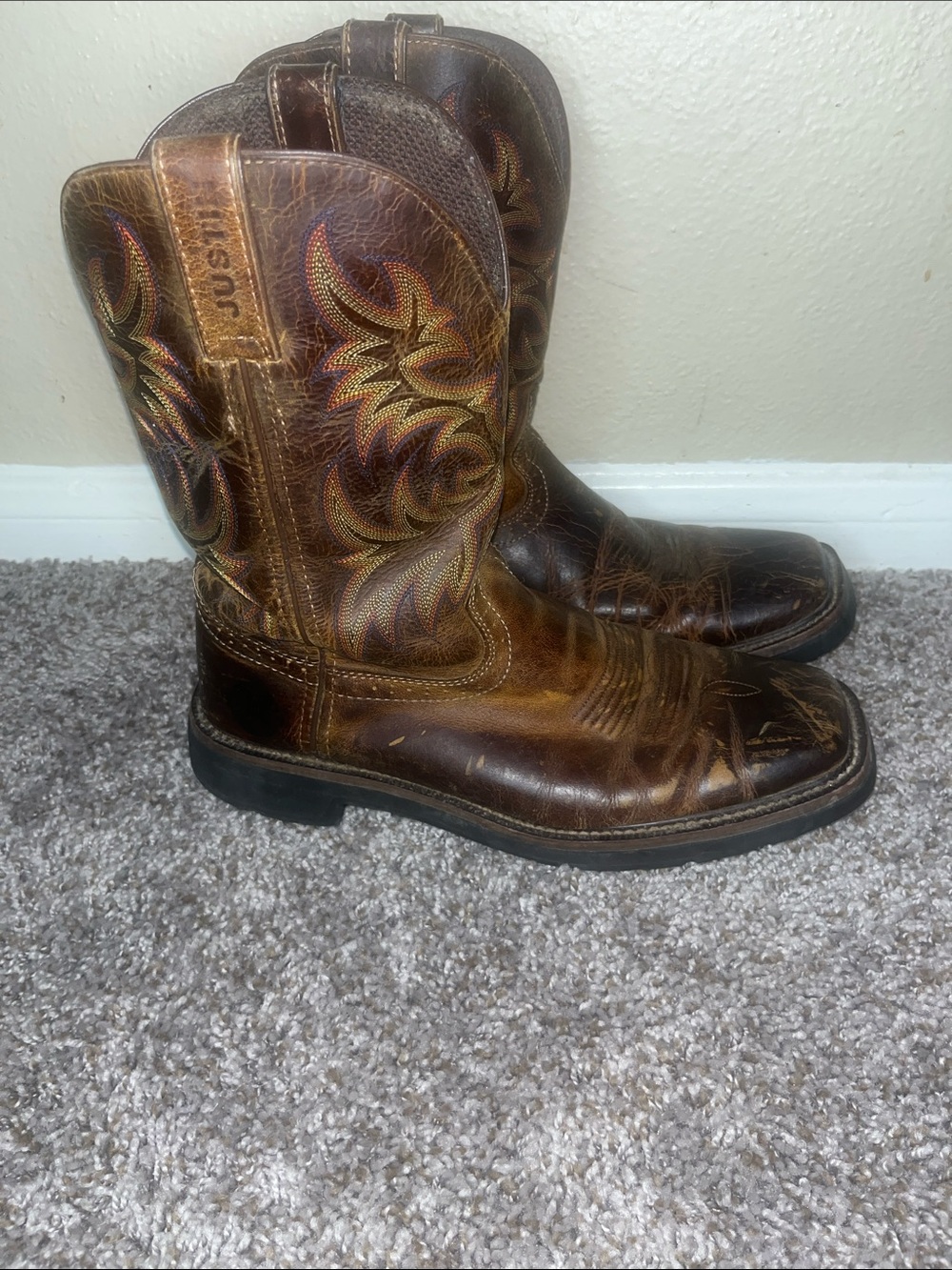 Justin Boots Brown Western Work Boots with Embroidered Accents